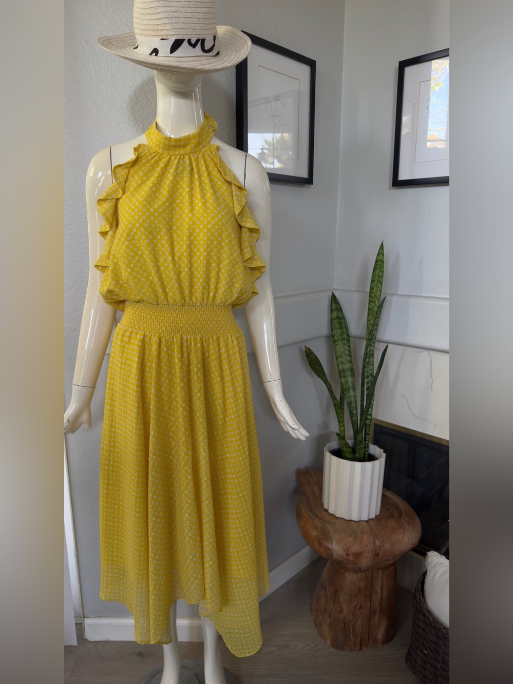 Eliza J Yellow Polka Dot Asymmetrical Ruffle Halter Midi Dress